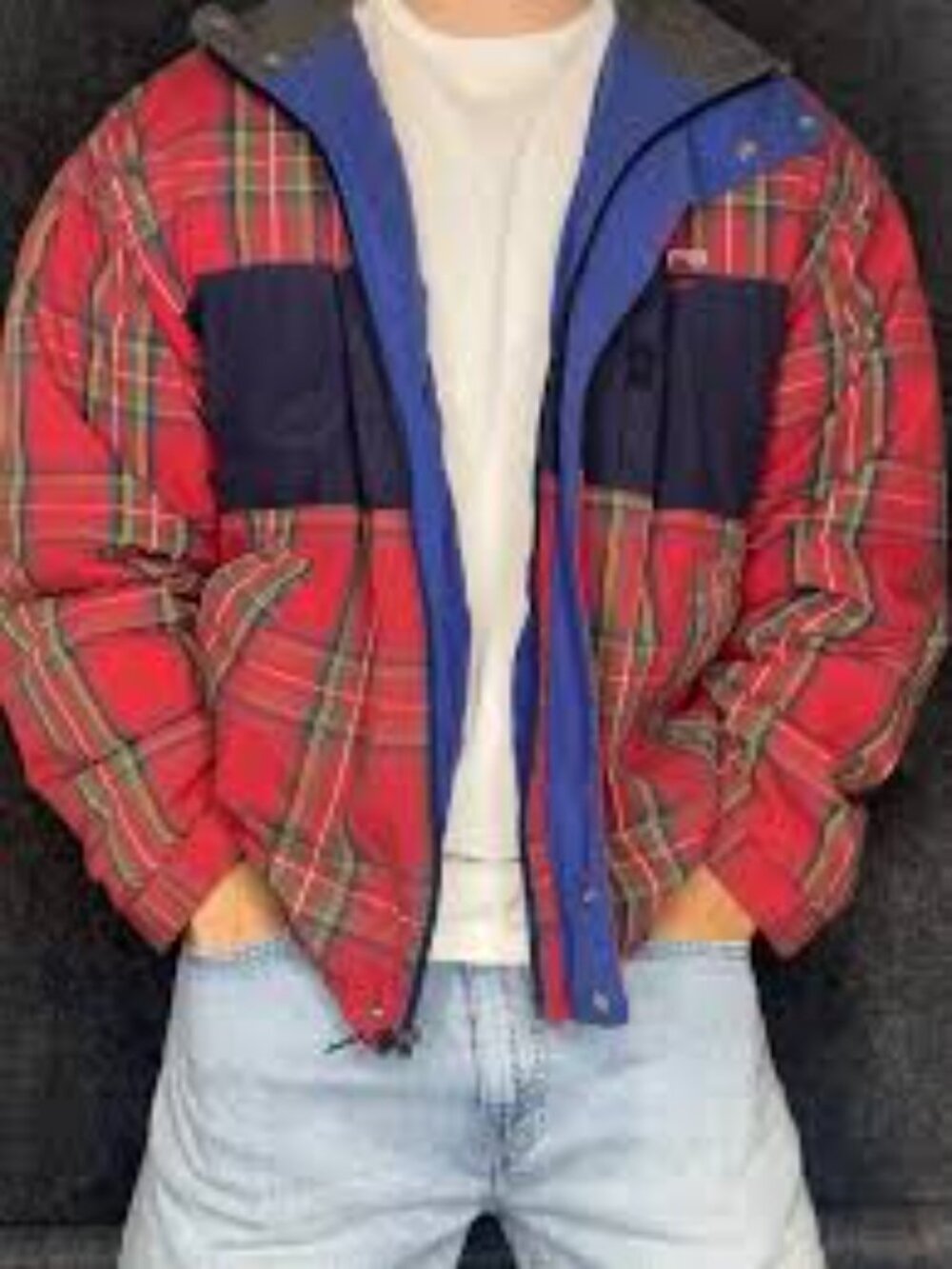 Chaps Ralph Lauren Winter Puffer Jacket Red Plaid Mens Size Small Hooded Vintage